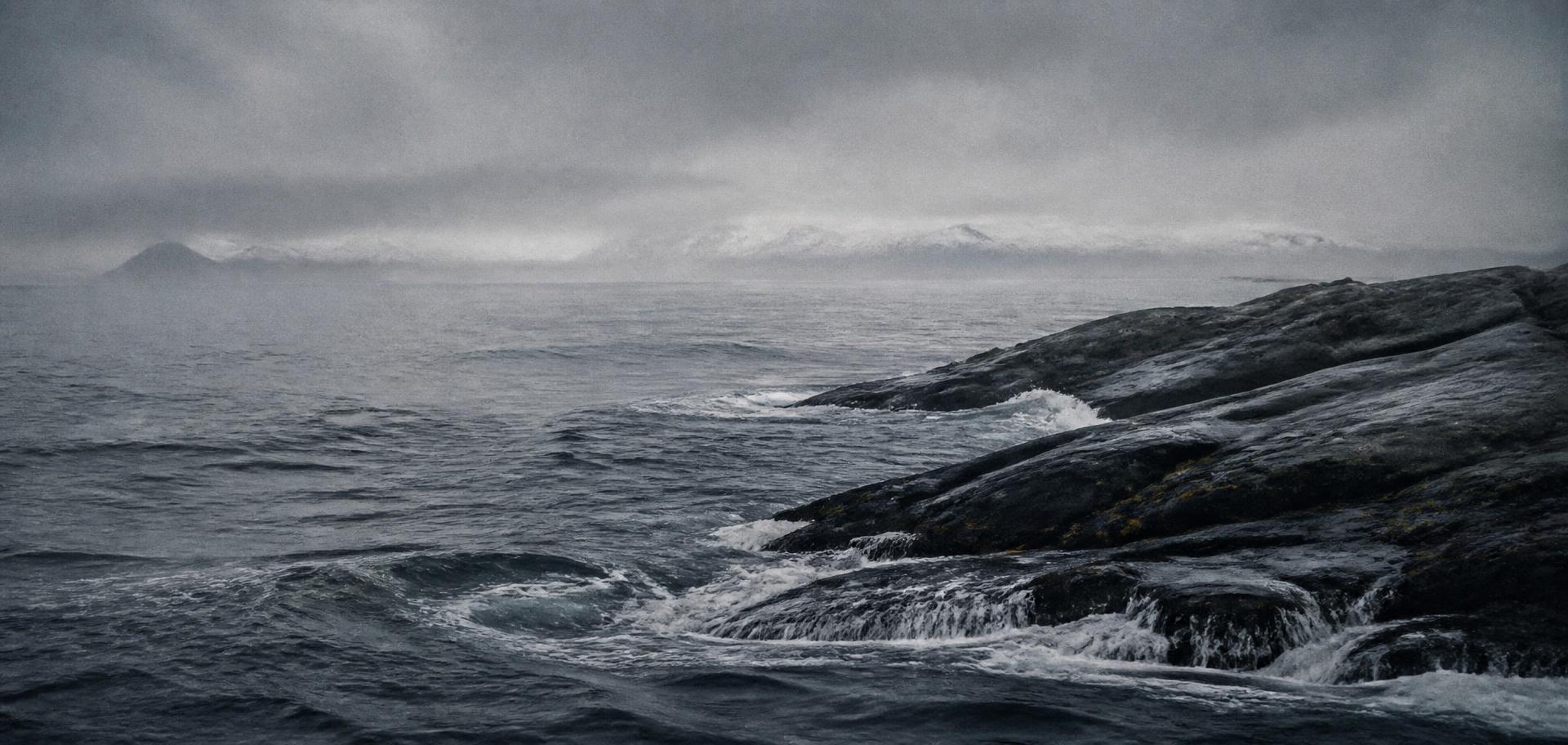 Cold northern sea breaking over dark wet stone under mist